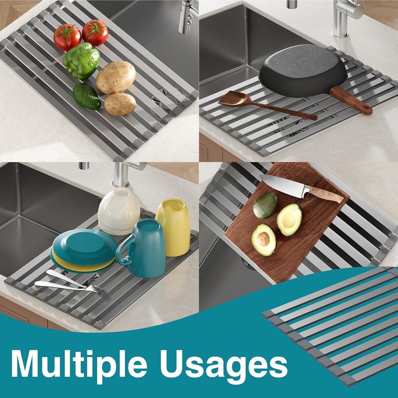 COOL-ANGLE Rectangle Foldable Dish Drying Rack, Non-Slip Silicone Base, Over The Sink Aluminum Dish Drainer Rack for Kitchen Sink, Ideal for Drying Mat Easy to Store,17.7 x 13.4inch Matte Gray - Image 4