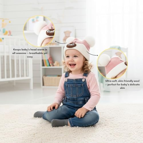 Mee Trend Baby Woolen Winter Cap for Boys & Girls | Soft Knitted Warm Beanie Hat with Cute Ears & Bunny Design | Premium Wool Cap for Infants & Toddlers (Pink-White(6 to 18 Months)) - Image 4