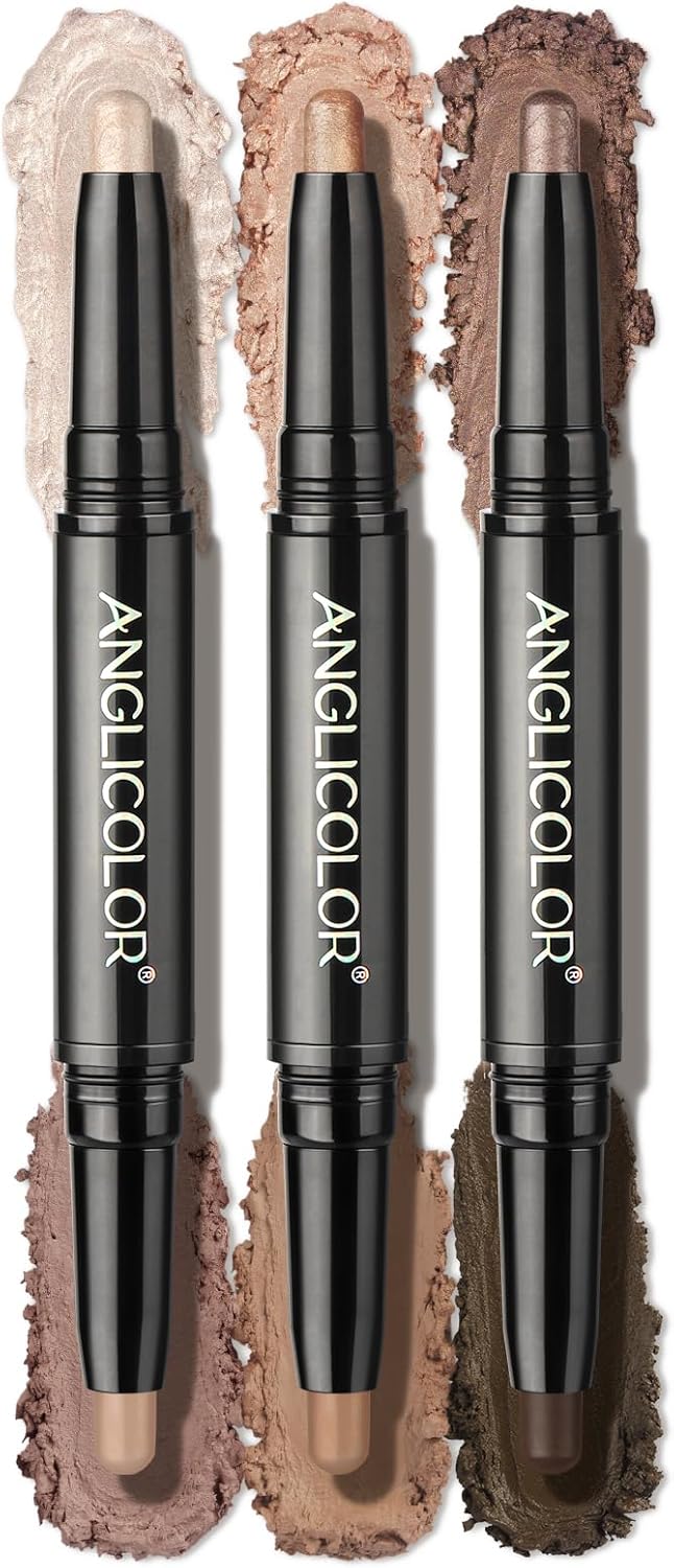 Anglicolor 3PCS Dual Ended Cream Eyeshadow Stick Crme to Powder Brown Eyeshadow Stick Glitter Matte Shades Soomth Waterproof Long Lasting Blendable Glitter Eye Makeup