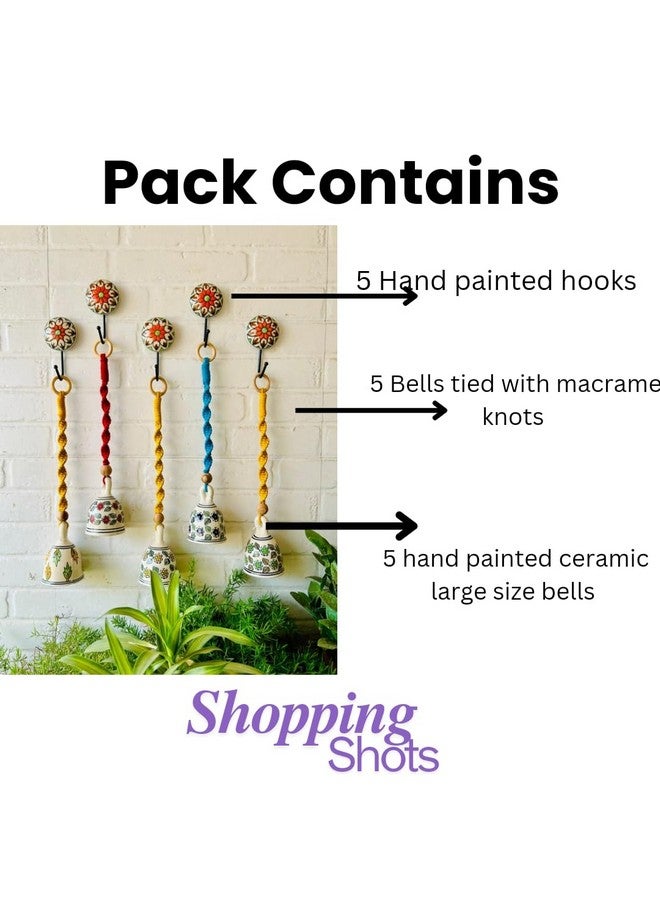 Shopping Shots Pack of 5 Ceramic Hand-Painted Large Size (5 inch) Good Luck Bells Tied with Macrame Knots with 5 Ceramic Hand Painted Hooks Packed in Sophisticated Thermo Safe Box - Image 2