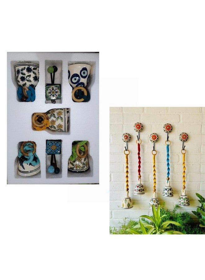 Shopping Shots Pack of 5 Ceramic Hand-Painted Large Size (5 inch) Good Luck Bells Tied with Macrame Knots with 5 Ceramic Hand Painted Hooks Packed in Sophisticated Thermo Safe Box - Image 1