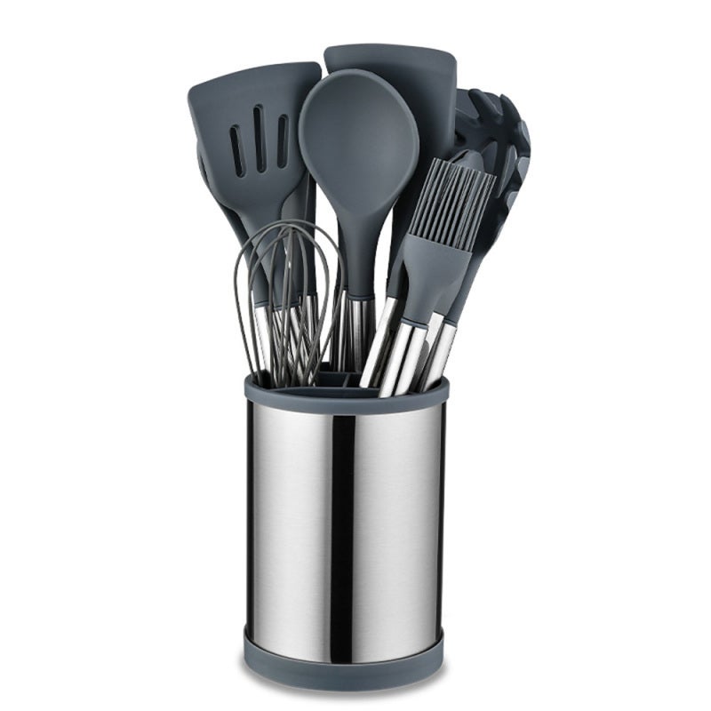 Silicone Kitchen Utensils Set: 12-Piece Food Grade Silicone Head - Heat Resistant 18/8 Stainless Steel Handle, Non-Stick Easy To Clean & Store for Home Kitchen Cooking Enthusiasts - Image 1