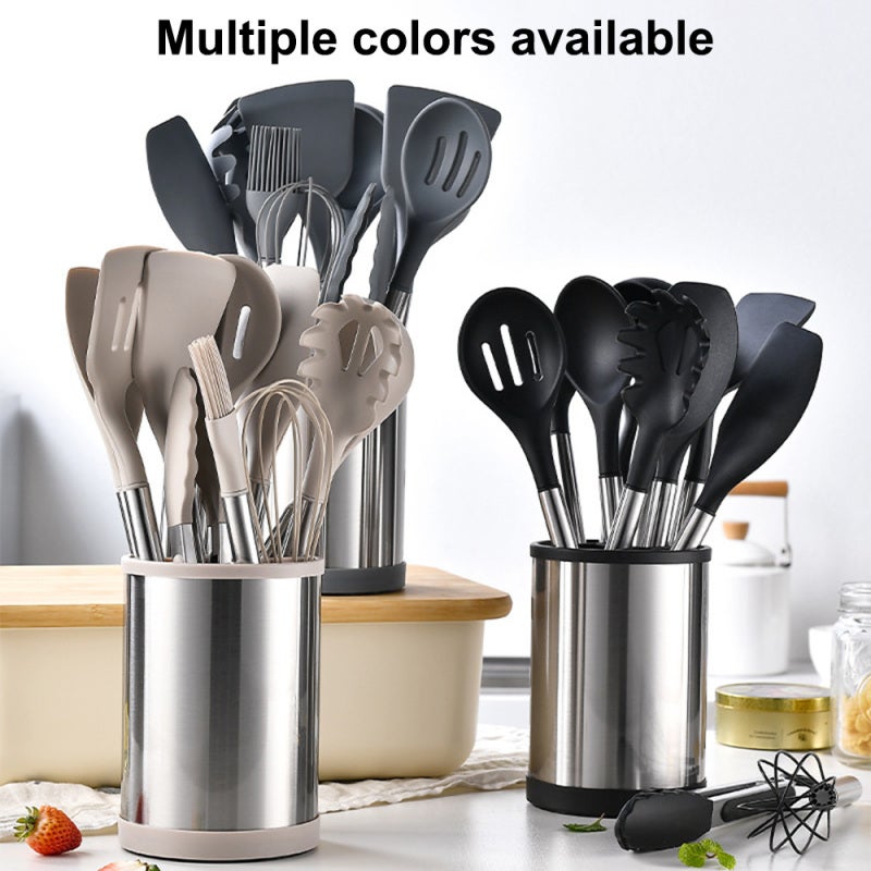 Silicone Kitchen Utensils Set: 12-Piece Food Grade Silicone Head - Heat Resistant 18/8 Stainless Steel Handle, Non-Stick Easy To Clean & Store for Home Kitchen Cooking Enthusiasts - Image 2