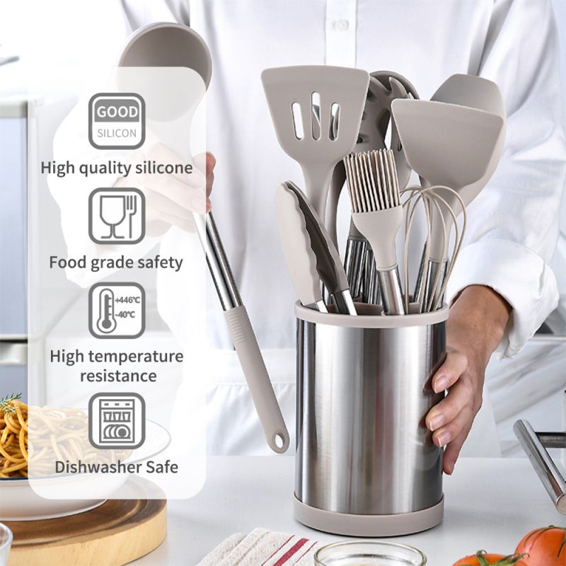 Silicone Kitchen Utensils Set: 12-Piece Food Grade Silicone Head - Heat Resistant 18/8 Stainless Steel Handle, Non-Stick Easy To Clean & Store for Home Kitchen Cooking Enthusiasts - Image 3