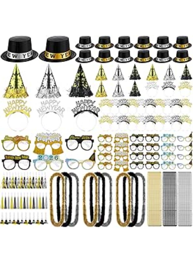 402 Pieces 2026 New Year's Eve Party Supplies for 100 Guests Includes Top Hats Cone Hats Tiaras Glasses Horns Squawkers Blowouts Bead Necklaces Lei Necklace Happy New Year Party Favors