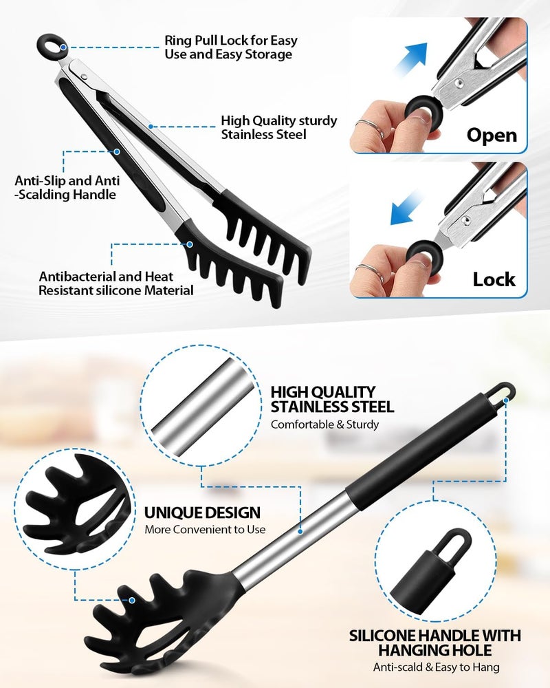 DaiRen Kitchen Spaghetti Spoon and Pasta Tong, Non-stick Silicone Spoon Server Fork with teeth and Stainless Steel Handle Spaghetti Tong, Food Clip for Spaghetti Noodle (BLACK) - Image 2