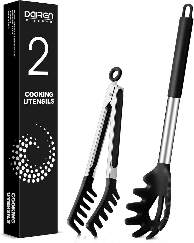DaiRen Kitchen Spaghetti Spoon and Pasta Tong, Non-stick Silicone Spoon Server Fork with teeth and Stainless Steel Handle Spaghetti Tong, Food Clip for Spaghetti Noodle (BLACK) - Image 1