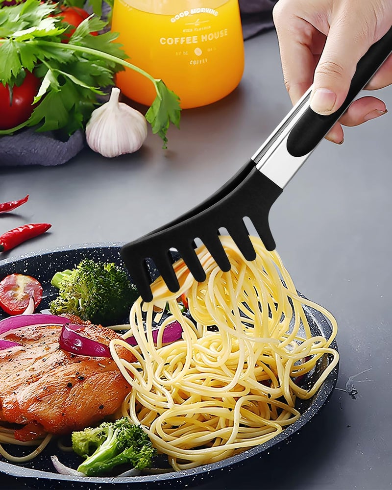 DaiRen Kitchen Spaghetti Spoon and Pasta Tong, Non-stick Silicone Spoon Server Fork with teeth and Stainless Steel Handle Spaghetti Tong, Food Clip for Spaghetti Noodle (BLACK) - Image 4