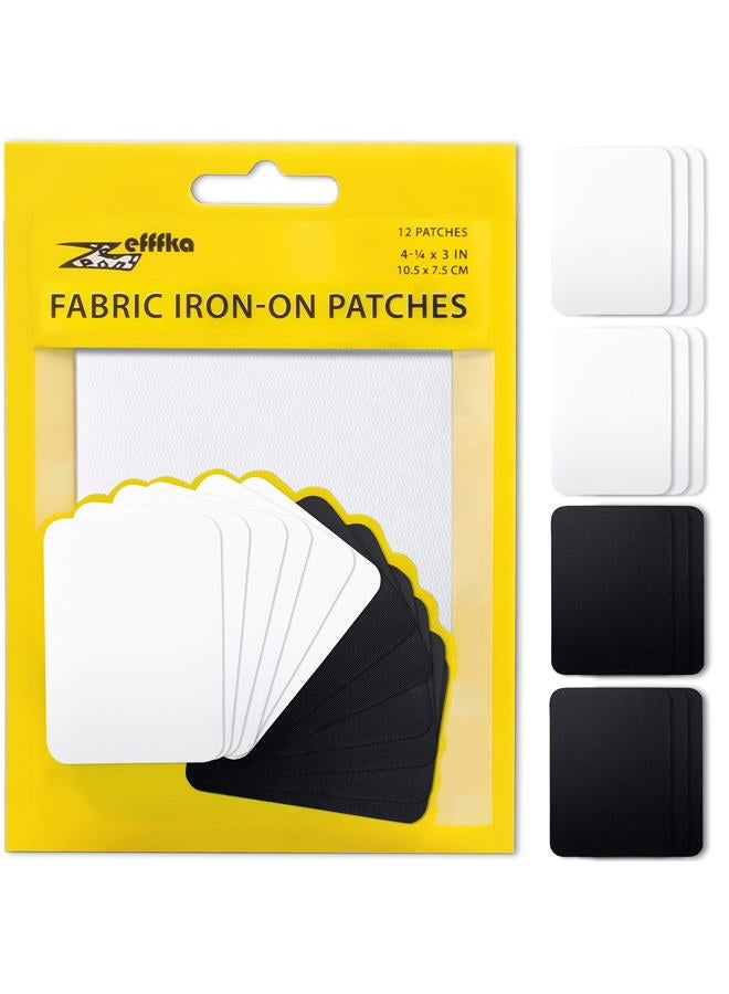ZEFFFKA Premium Quality Fabric Iron-on Patches Inside & Outside Strongest Glue 100% Cotton Black and White Repair Decorating Kit 12 Pieces Size 3" by 4-1/4" (7.5 cm x 10.5 cm) - Image 1