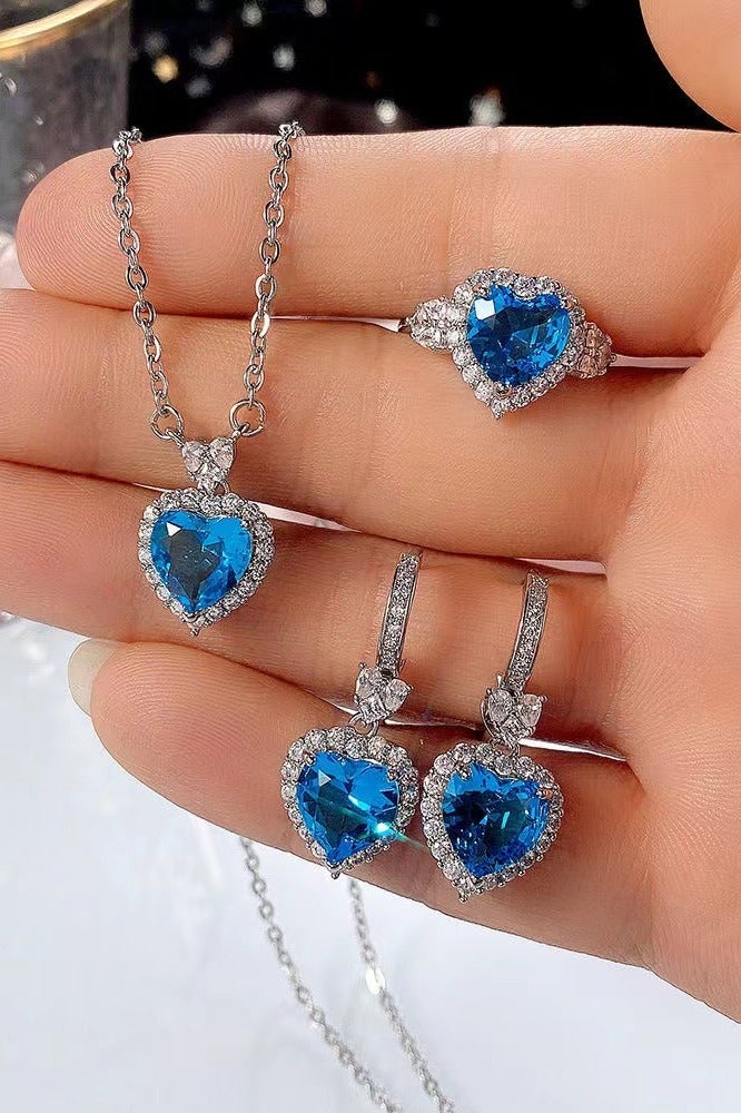 Innoshine Trendy  Rhinestone Studded  Ocean Heart Pendant Necklace Set – Light Luxury Matching Blue Stone Earrings & Ring, Dainty Layering Collarbone Chain for Fashion Women, Summer Beach Jewelry Trio - Image 1