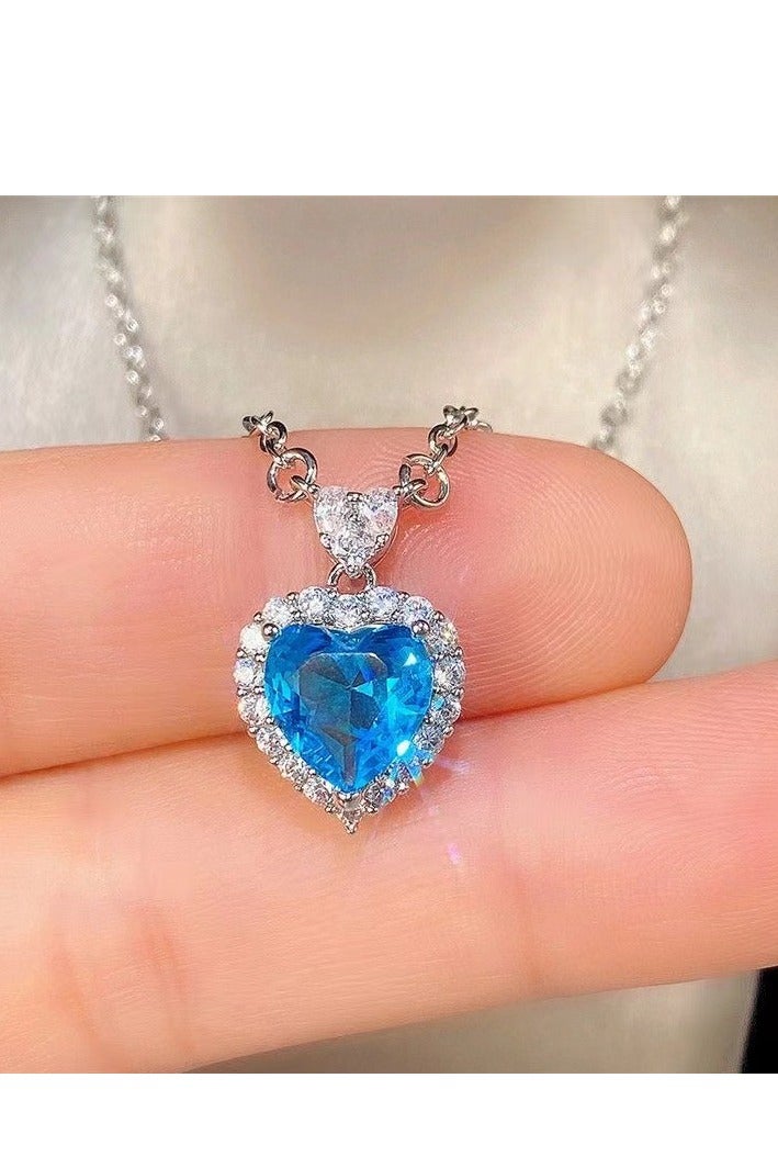 Innoshine Trendy  Rhinestone Studded  Ocean Heart Pendant Necklace Set – Light Luxury Matching Blue Stone Earrings & Ring, Dainty Layering Collarbone Chain for Fashion Women, Summer Beach Jewelry Trio - Image 2