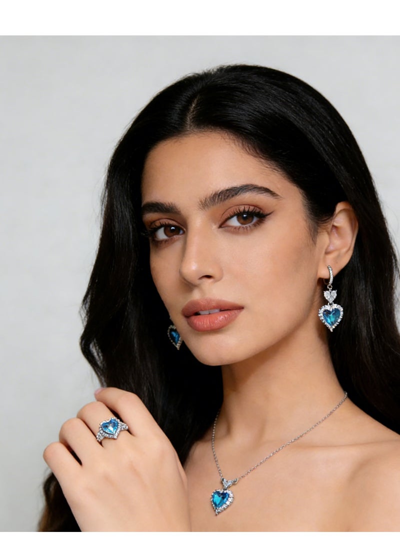 Innoshine Trendy  Rhinestone Studded  Ocean Heart Pendant Necklace Set – Light Luxury Matching Blue Stone Earrings & Ring, Dainty Layering Collarbone Chain for Fashion Women, Summer Beach Jewelry Trio - Image 1