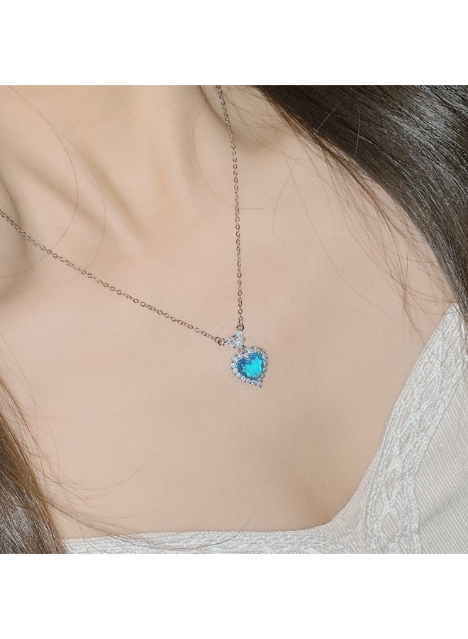 Innoshine Trendy  Rhinestone Studded  Ocean Heart Pendant Necklace Set – Light Luxury Matching Blue Stone Earrings & Ring, Dainty Layering Collarbone Chain for Fashion Women, Summer Beach Jewelry Trio - Image 5