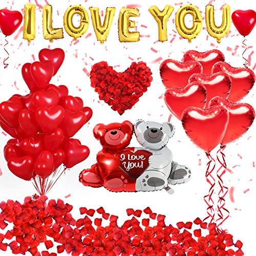 Golray 40 Pack I Love You Balloons and Heart Balloons Kit with 1000 Pcs DarkRed Silk Rose Petals Wedding Flower Decoration LoveBear Red Heart Balloons for Valentine Day Party Decorations