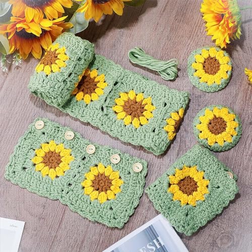 SYCAMORE EAST 5 Pc Crochet Steering Wheel Cover with 2 Crochet Belt Covers 2 Pc Crochet Car Mats 1 Pc Sunflower Handmade Crochet Flower Steering Wheel Cover for Women Girl (Green) - Image 4