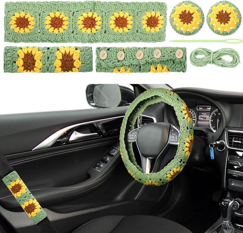 SYCAMORE EAST 5 Pc Crochet Steering Wheel Cover with 2 Crochet Belt Covers 2 Pc Crochet Car Mats 1 Pc Sunflower Handmade Crochet Flower Steering Wheel Cover for Women Girl (Green) - Image 1