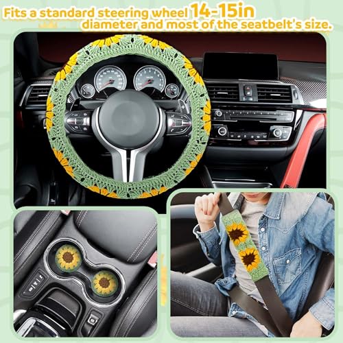 SYCAMORE EAST 5 Pc Crochet Steering Wheel Cover with 2 Crochet Belt Covers 2 Pc Crochet Car Mats 1 Pc Sunflower Handmade Crochet Flower Steering Wheel Cover for Women Girl (Green) - Image 3