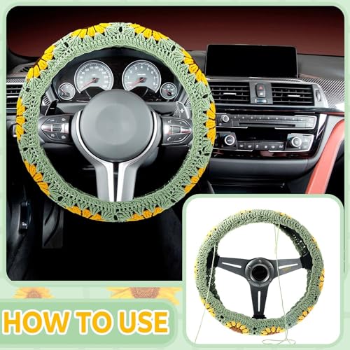 SYCAMORE EAST 5 Pc Crochet Steering Wheel Cover with 2 Crochet Belt Covers 2 Pc Crochet Car Mats 1 Pc Sunflower Handmade Crochet Flower Steering Wheel Cover for Women Girl (Green) - Image 2