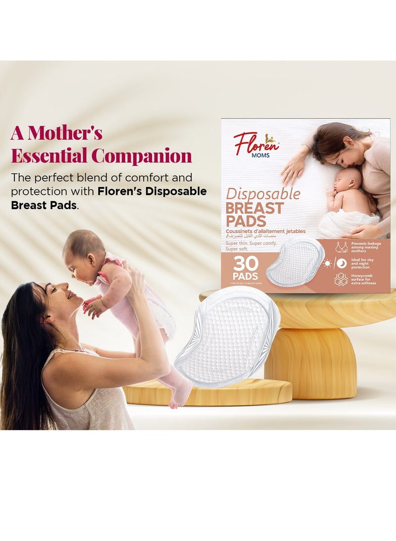 Floren Disposable Nursing Breast Pads 30Pcs | Maternity Pads | Ultra Thin with Complete Coverage | Super Absorbent | Breathable | Discreet | Individually Packed for Moms | - Image 2