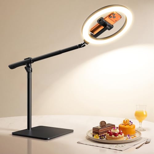 LUXSURE Ring Light with Stand for Desk,Adjustable Overhead Phone Mount with 10" Selfie Light Phone Tripod with Ring Light and Remote, Phone Stand with Light for Video Recording,Live Stream,Cooking - Image 1
