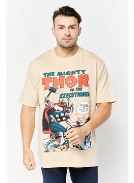 MARVEL Men Crew Neck Short Sleeve Graphic Print T-Shirt, Beige  - Image 1