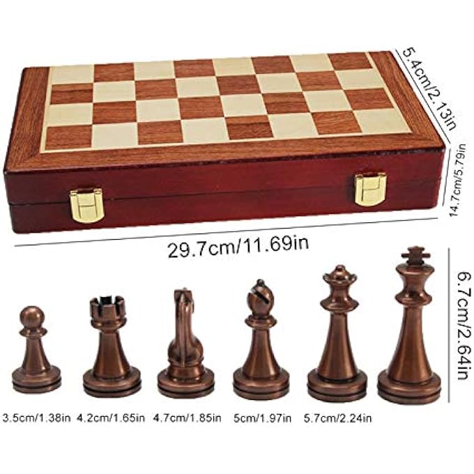 Chess Set Large Metal Deluxe Chess Retro Copper Plated Alloy Chess Adult Set Board Game Portable Wooden Box Storage Folding Chess Set - Image 4