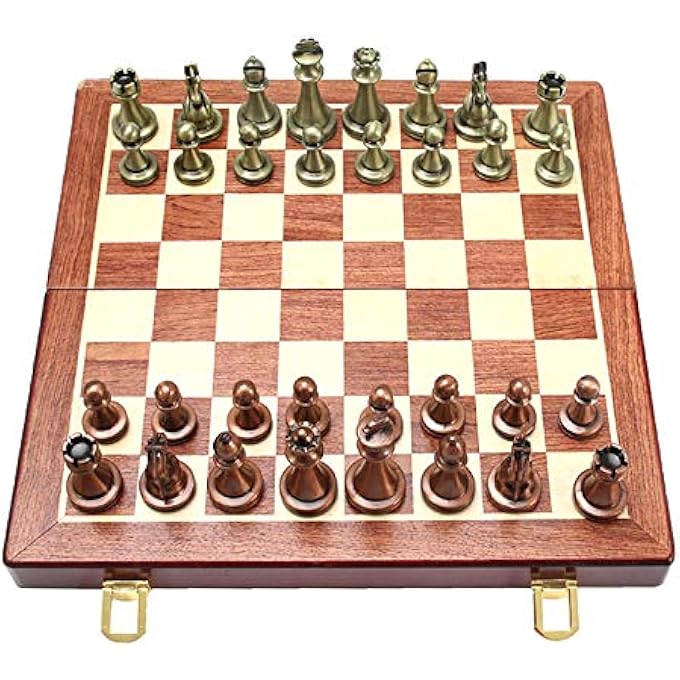 Chess Set Large Metal Deluxe Chess Retro Copper Plated Alloy Chess Adult Set Board Game Portable Wooden Box Storage Folding Chess Set - Image 5