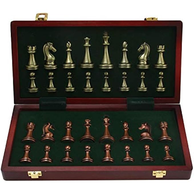Chess Set Large Metal Deluxe Chess Retro Copper Plated Alloy Chess Adult Set Board Game Portable Wooden Box Storage Folding Chess Set - Image 2