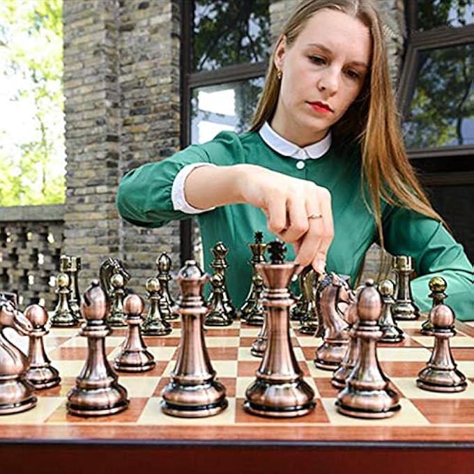 Chess Set Large Metal Deluxe Chess Retro Copper Plated Alloy Chess Adult Set Board Game Portable Wooden Box Storage Folding Chess Set - Image 3