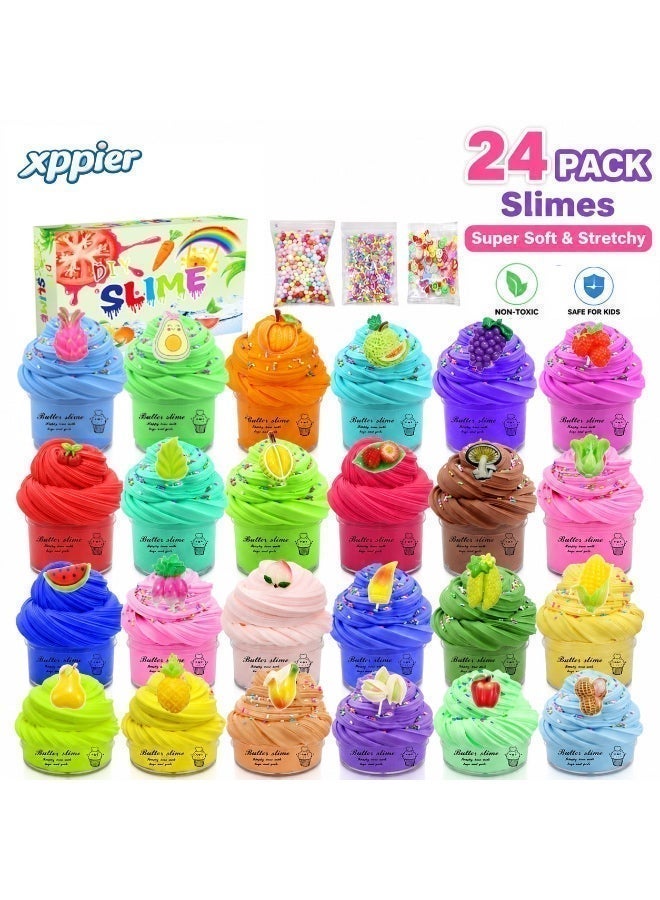 xppier 24 Packs Slime Kit for Kids, Non-Sticky Multicolor Slime Set with Charms, DIY Stretchy Slime Toys for Girls & Boys, Creative Stress Relief Educational Toy - Image 1