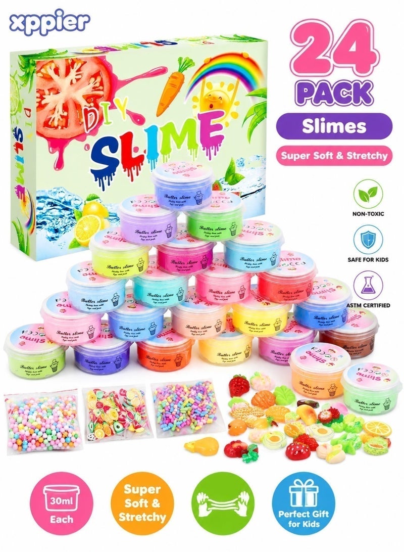 xppier 24 Packs Slime Kit for Kids, Non-Sticky Multicolor Slime Set with Charms, DIY Stretchy Slime Toys for Girls & Boys, Creative Stress Relief Educational Toy - Image 2