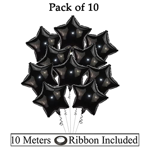 AMFIN® (Pack of 10) 18 Inch Black Star Shaped Foil Balloon with Ribbon/Star Shape Balloons for Decoration/Birthday Balloons for Decoration - Black - Image 2