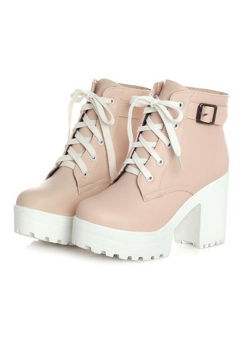 Loquat Women's Chunky Heels Lace Up Ankle Boots Round Toe High Heeled Short Booties Pale Pink - Image 1