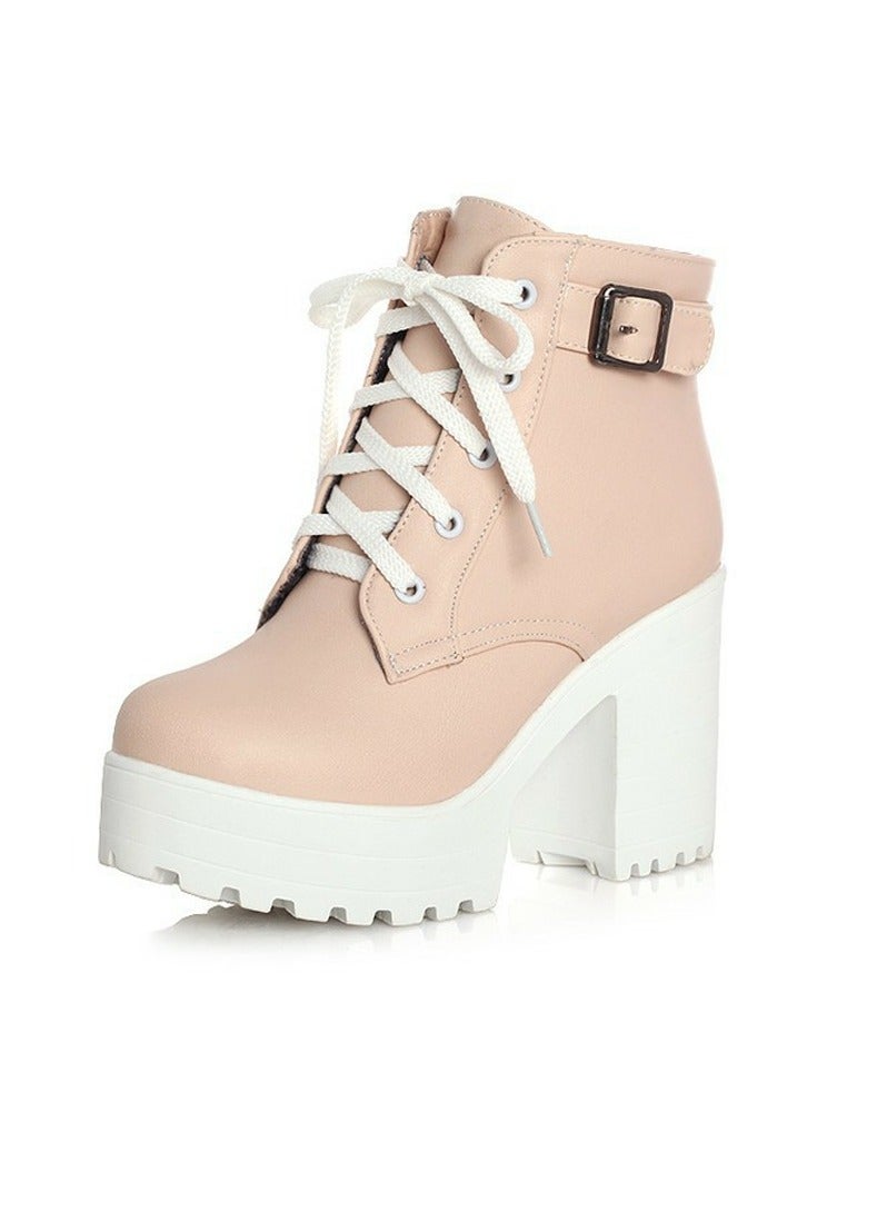 Loquat Women's Chunky Heels Lace Up Ankle Boots Round Toe High Heeled Short Booties Pale Pink - Image 2