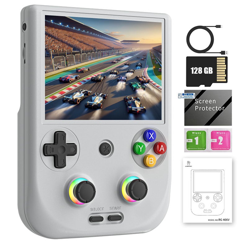 RG406V Handheld Game Console Preloaded Games RG 406V 4inch IPS Multitouch Screen Retro Game Console 128G UFS22 Android 13 Retro Emulator RG406V 5500mAh Battery 1080p DP Output WIFI Bluetooth Gray