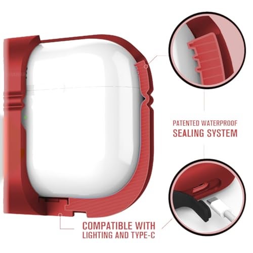 KACA Waterproof Case for AirPods Pro, One-Piece Design, High Drop Protection, Wireless Charging Compatible, with Carabiner - Red - Image 3