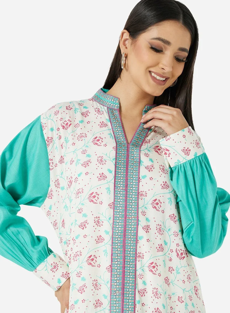 HANA & SARA OFFWHITE COMMON PRINT DESIGNER HIGH NECK MODEST JALABIYA KAFTAN