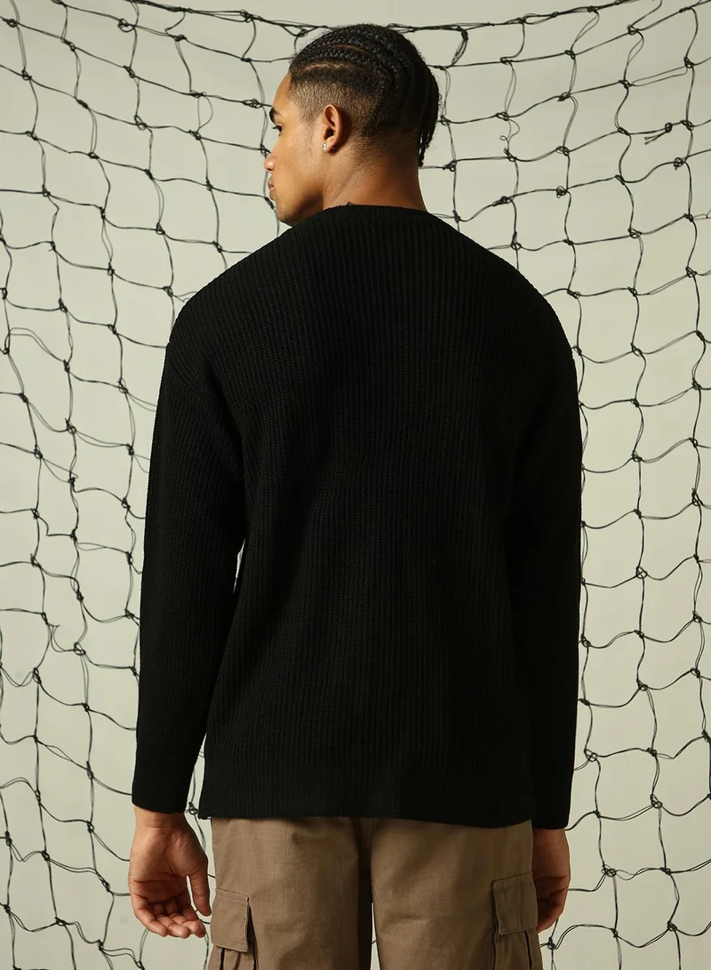 Hubberholme Men's Black 100% Acrylic Solid Oversized Sweater