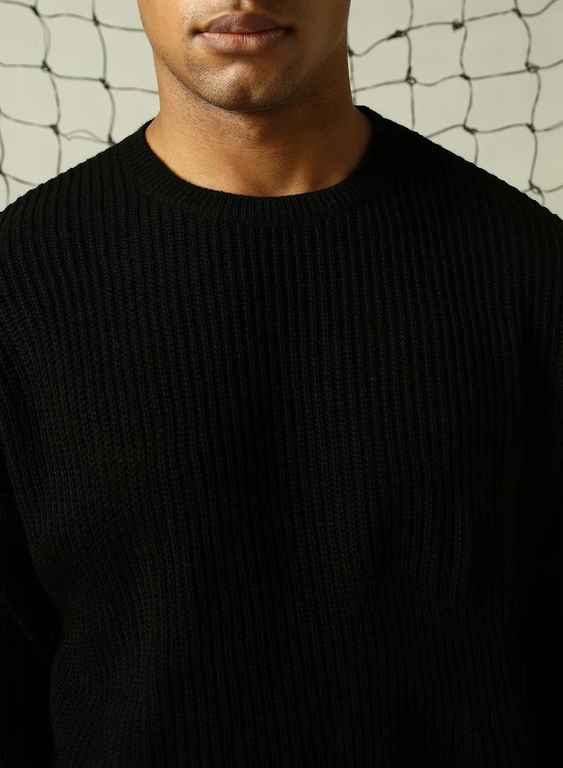 Hubberholme Men's Black 100% Acrylic Solid Oversized Sweater