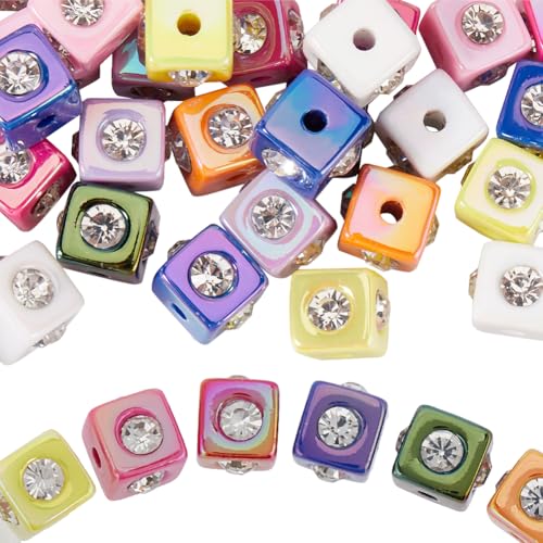 SUNNYCLUE 1 Box 30Pcs Square Rhinestone Bead Acrylic Cube Beads Bulk Colorful Plastic Focal Crystal Charm Bling Spacer Beadable Pen Bead for Pens Keychain Jewelry Making Bracelet DIY Craft Accessories - Image 1