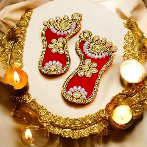 Kriwin Decorative Laxmi Charan Paduka, 5 inch Embellished Footprints, Religious Festival Decor (Pearl) - Image 3