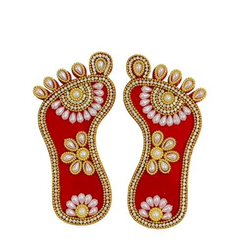 Kriwin Decorative Laxmi Charan Paduka, 5 inch Embellished Footprints, Religious Festival Decor (Pearl) - Image 1