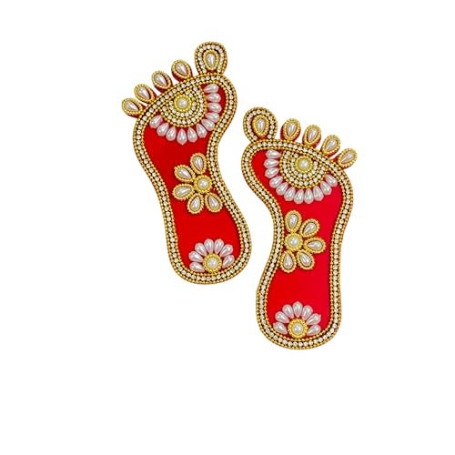 Kriwin Decorative Laxmi Charan Paduka, 5 inch Embellished Footprints, Religious Festival Decor (Pearl) - Image 4