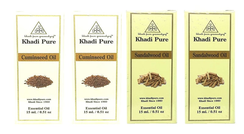 Khadi Pure Gramodyog Khadi Pure Cuminseed  Sandalwood Essential Oil  Relaxing  Grounding Aromatherapy Blend  Promotes Skin Health Reduces Stress  Enhances Mental Clarity  100 Natural  Therapeutic Grade  Pack of 4 15 ml Each  - Image 1