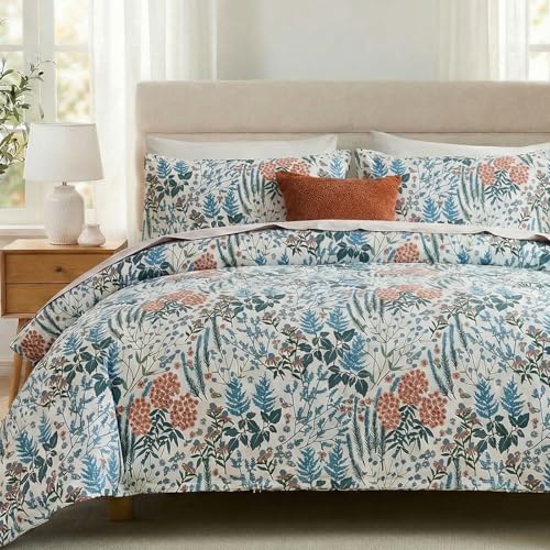 Cozaline 100% Cotton Duvet Cover Queen Size, Blue and Red Floral Bedding Set with Zipper Closure, 3 Pcs Breathable and Soft Botanical Duvet Cover for All Season - Image 1