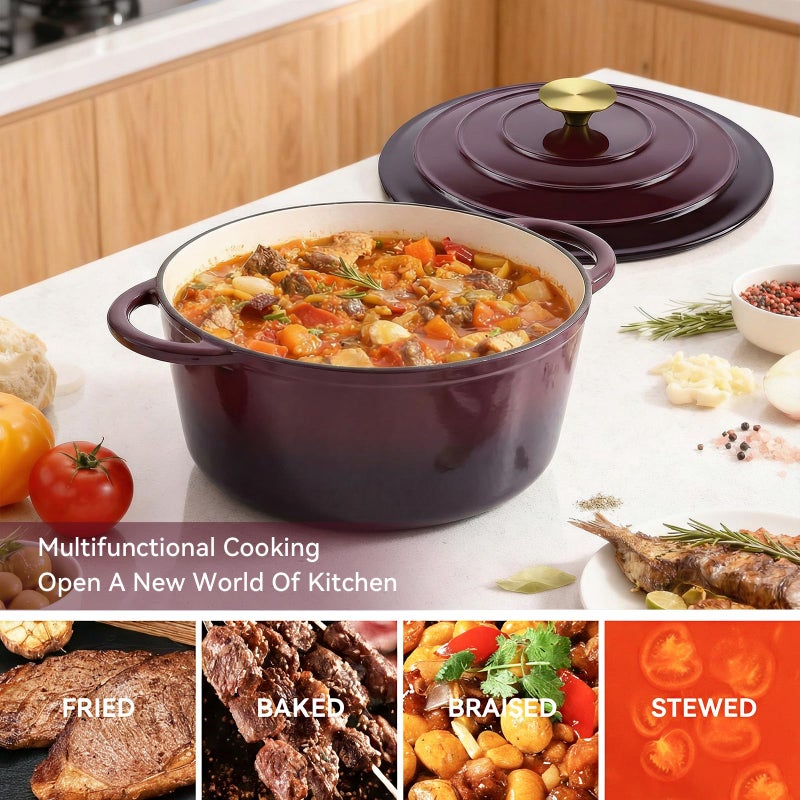 Miereirl 6 Quart Enameled Dutch Oven Pot with Lid, Cast Iron Dutch Oven with Dual Handles for Bread Baking, Cooking, Non-stick Enamel Coated Cookware, Fig - Image 4