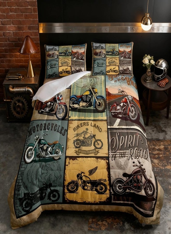 Feelyou Motorcycle Bedding Set Kids Retro Motorcycles Comforter for Boys Men Teens Vintage Old School Comforter Set Extreme Sports Quilt Room Decor Bedspread Queen Size - Image 1