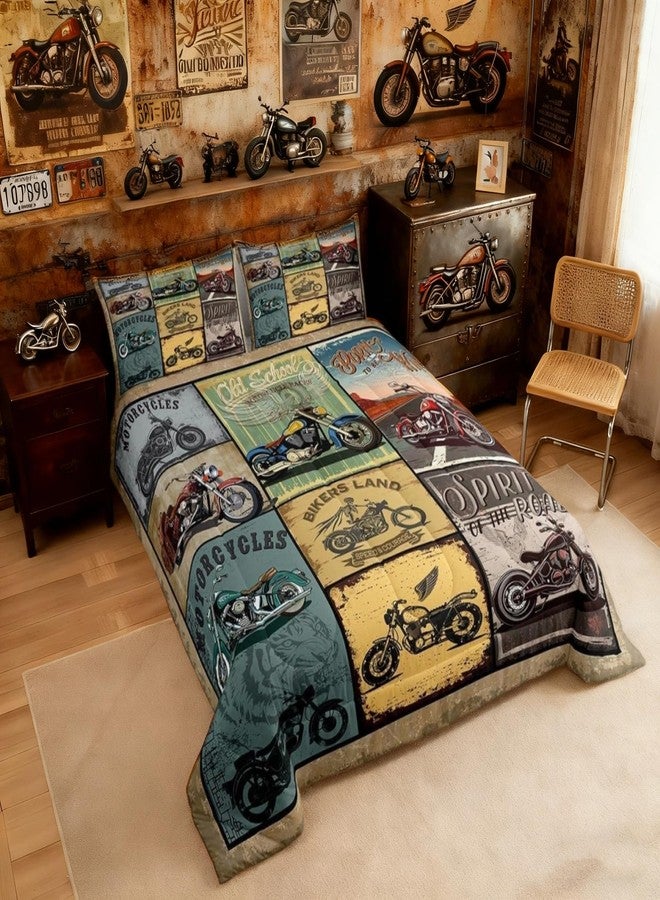 Feelyou Motorcycle Bedding Set Kids Retro Motorcycles Comforter for Boys Men Teens Vintage Old School Comforter Set Extreme Sports Quilt Room Decor Bedspread Queen Size - Image 2