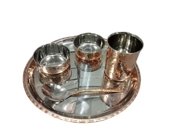 KROWN® Stainless Steel Copper Dinner Thali Set, 5 Pieces - Luxury Hammer Design, Anarkali Dinner Set - Image 3