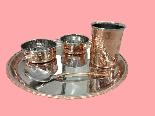 KROWN® Stainless Steel Copper Dinner Thali Set, 5 Pieces - Luxury Hammer Design, Anarkali Dinner Set - Image 2